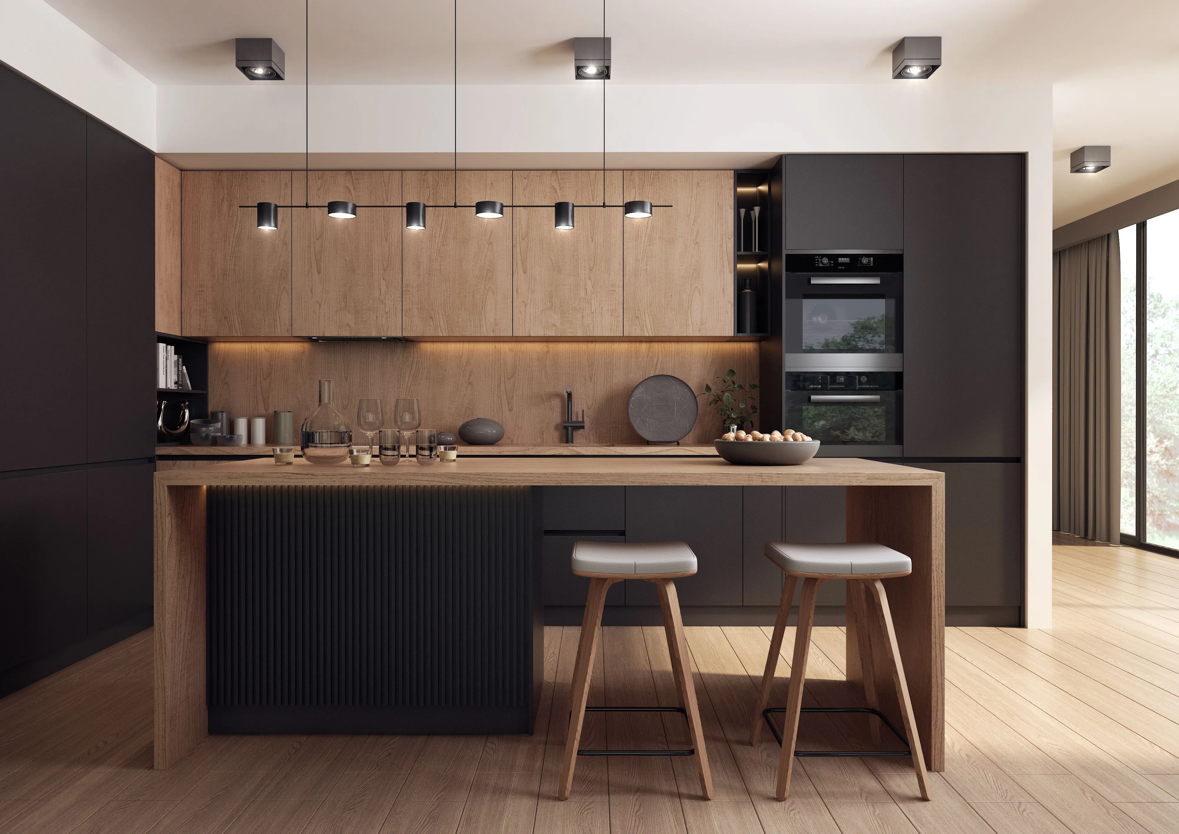 A bespoke Modenzo kitchen in warm oak and matte black